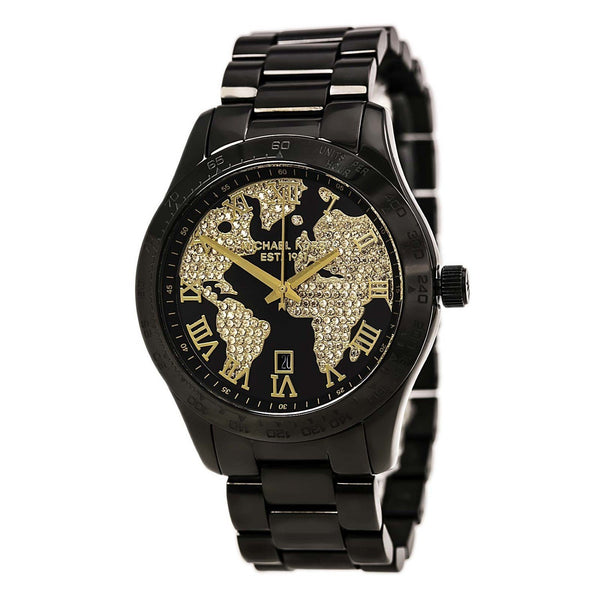 Michael Kors Women's MK6091 Layton World Map Crystal Black Stainless Steel Watch