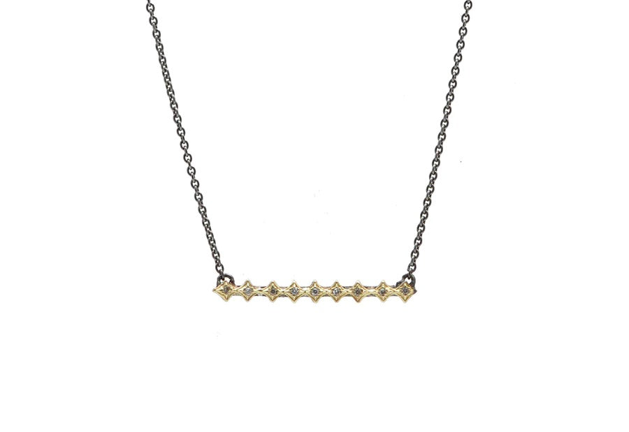 18k Yellow Gold And Grey Sterling Silver 17.5" Crivelli Bar Necklace with White Diamonds. Adjustable at 16.5" and 17.5". (.03 TCW)