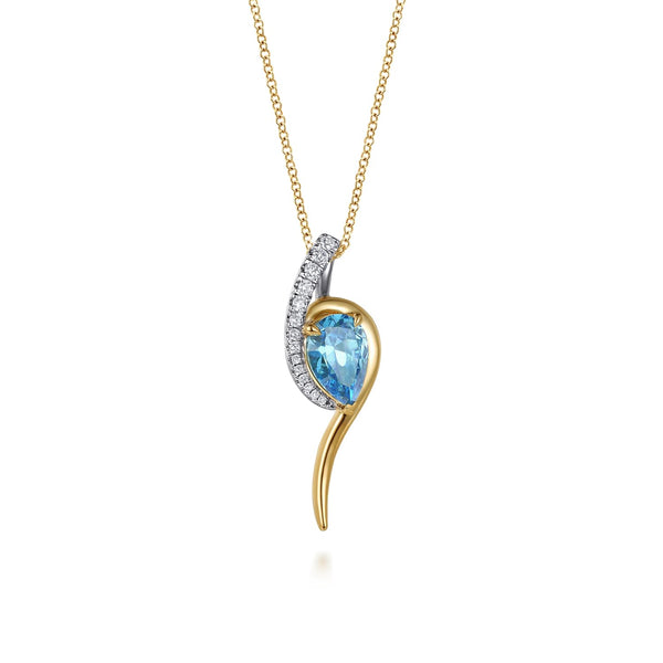 14K White & Yellow Gold Diamond and Pear Shape Blue Topaz Bypass Pendant Necklace