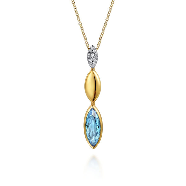 14K White & Yellow Gold Diamond and Marquise Blue Topaz Drop Necklace