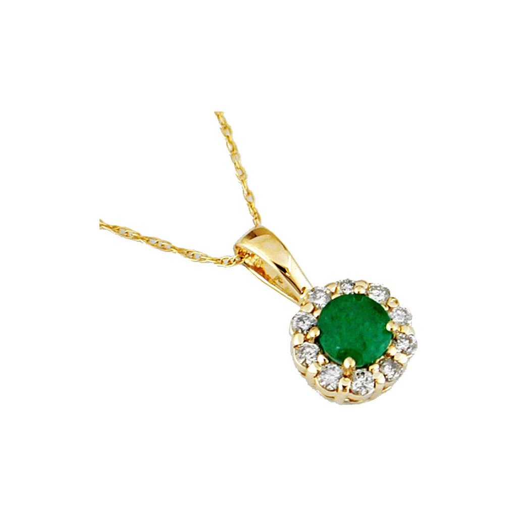 14k White Gold Round Emeraldn and Diamond Pendant