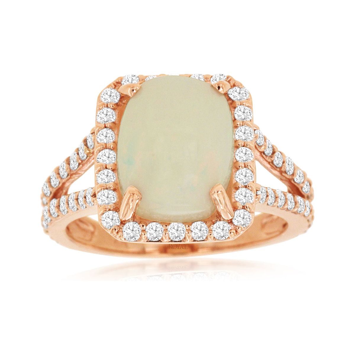 14k Rose Gold Cushion Cabochon Opal and Diamond Ring