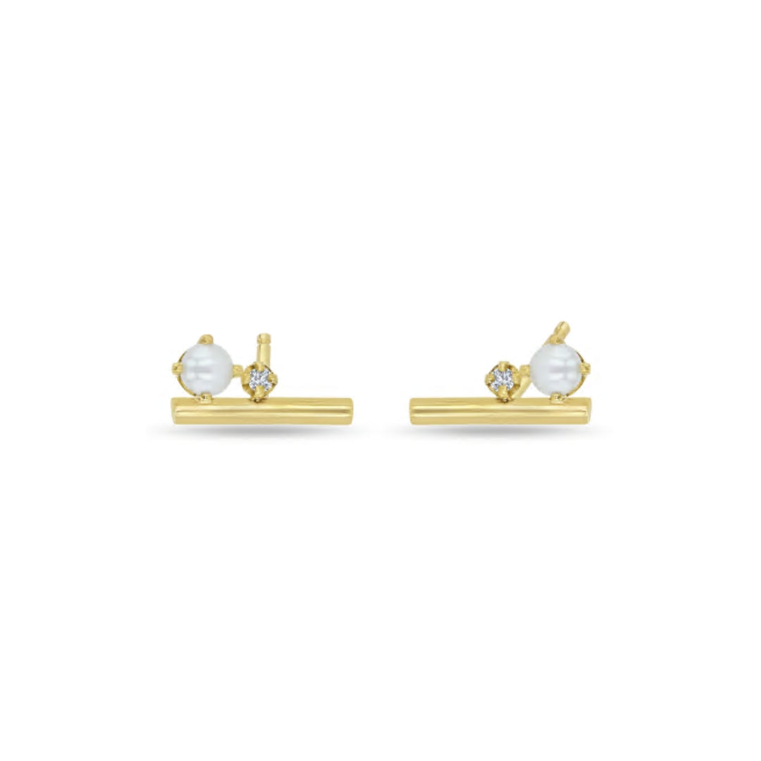 14K PEARL AND DIAMOND BAR EARRINGS