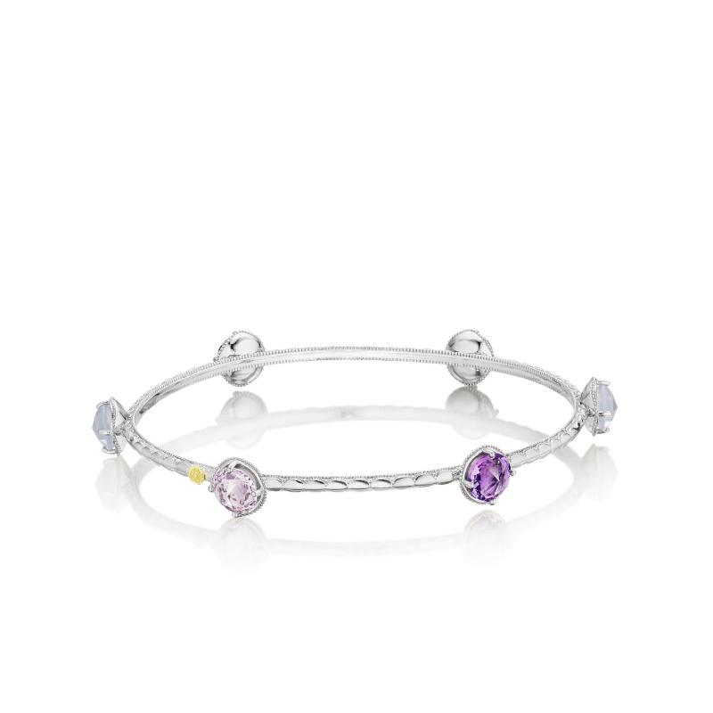 SB125130126 Lilac Blossoms Silver Amethyst and Chalcedony Bangle Bracelet
