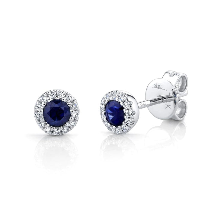14K White Gold Diamond & Blue Sapphire Stud Earrings - SC55002752