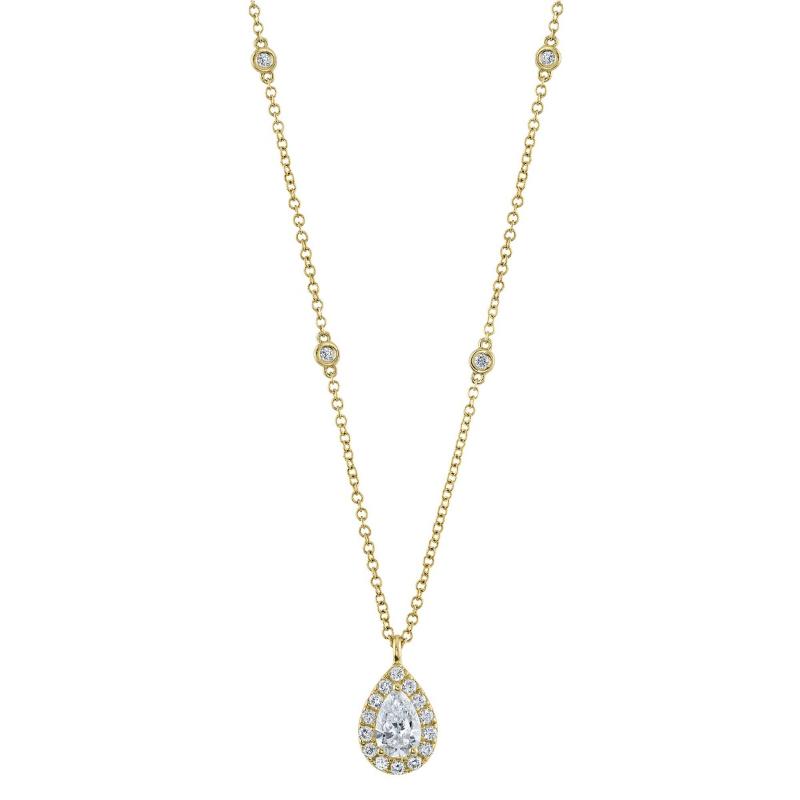 SC22009025 Yellow Gold Pear Shaped Halo .40CT Diamond Necklace