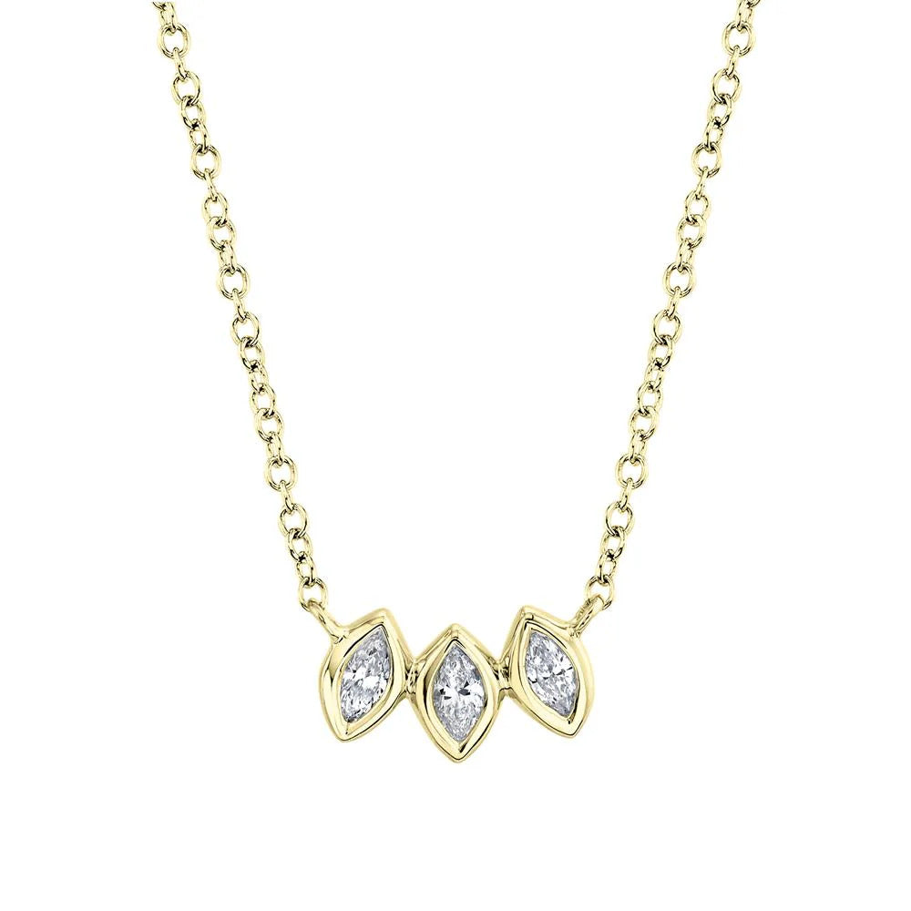 14K YELLOW GOLD 3-STONE MARQUISE DIAMOND NECKLACE