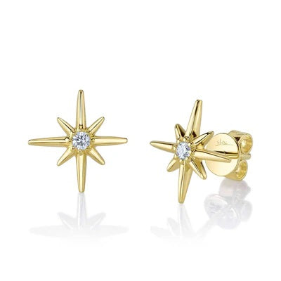 14K YELLOW GOLD AND DIAMOND NORTH STAR STUD EARRINGS