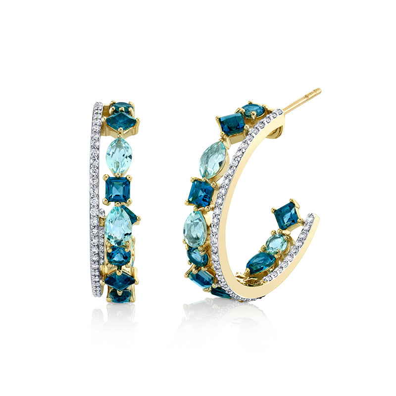 Sloane Street 18k Yellow Gold Multi Shape Blue Topaz Double Row Hoop Earrings- SS-H003I-LB-BTSK-WDCB-Y