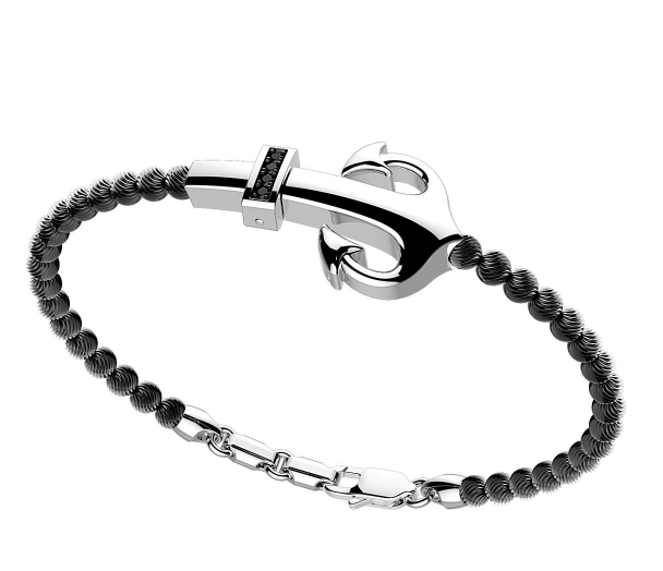 Silver Anchor and Beads with Black Spinels Bracelet