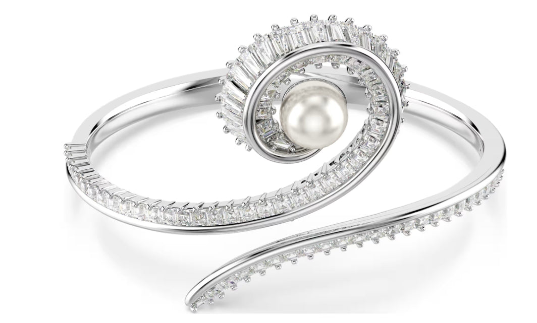 Ariana Grande x Swarovski bangle Crystal pearl, Baguette cut, White, Rhodium plated