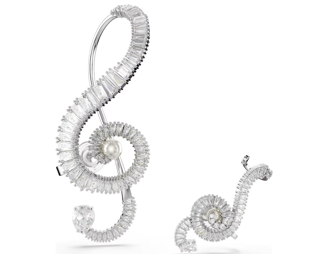 Ariana Grande x Swarovski clip earrings Asymmetrical design, Crystal pearl, Baguette cut, White, Rhodium plated