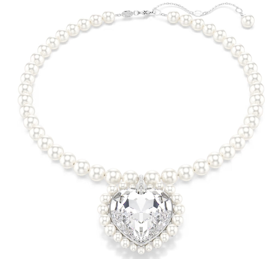 Ariana Grande x Swarovski necklace Crystal pearl, Heart cut, Heart, White, Rhodium plated