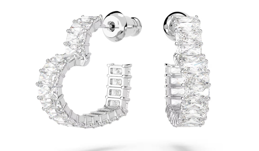 Matrix hoop earrings Baguette cut, Heart, Small, White, Rhodium plated