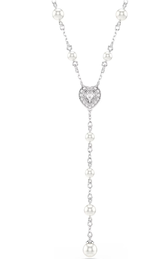 Ariana Grande x Swarovski Y necklace Mixed cuts, Crystal pearl, Heart, White, Rhodium plated