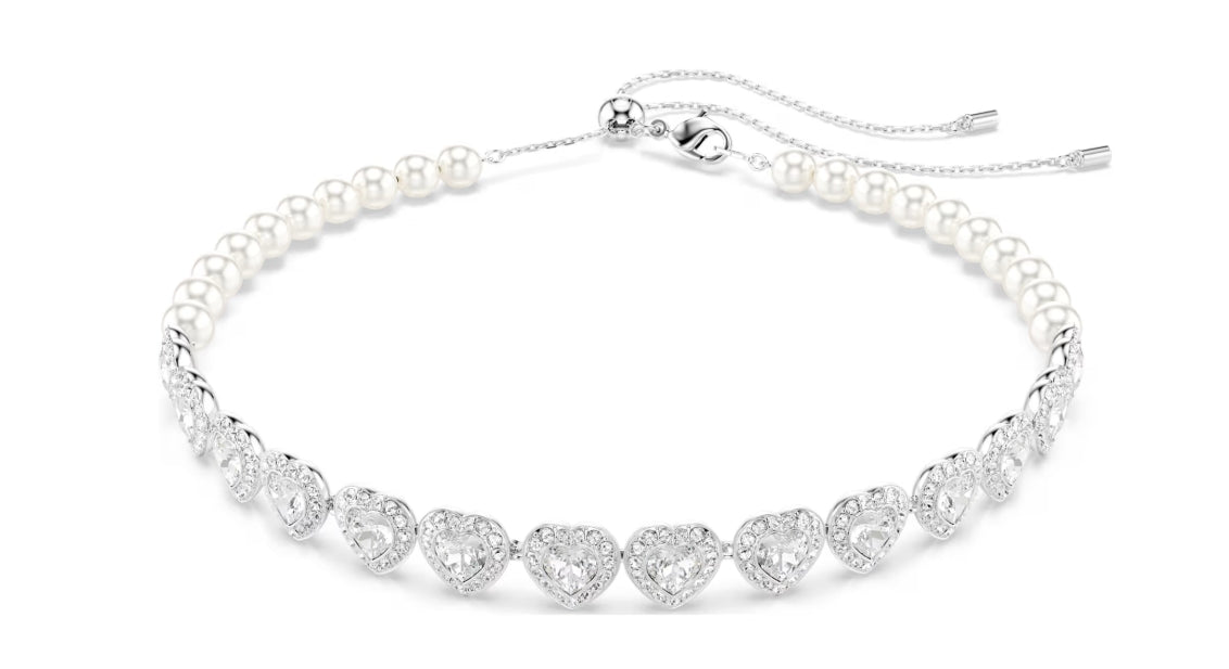 Ariana Grande x Swarovski Tennis choker Mixed cuts, Crystal pearl, Heart, White, Rhodium plated