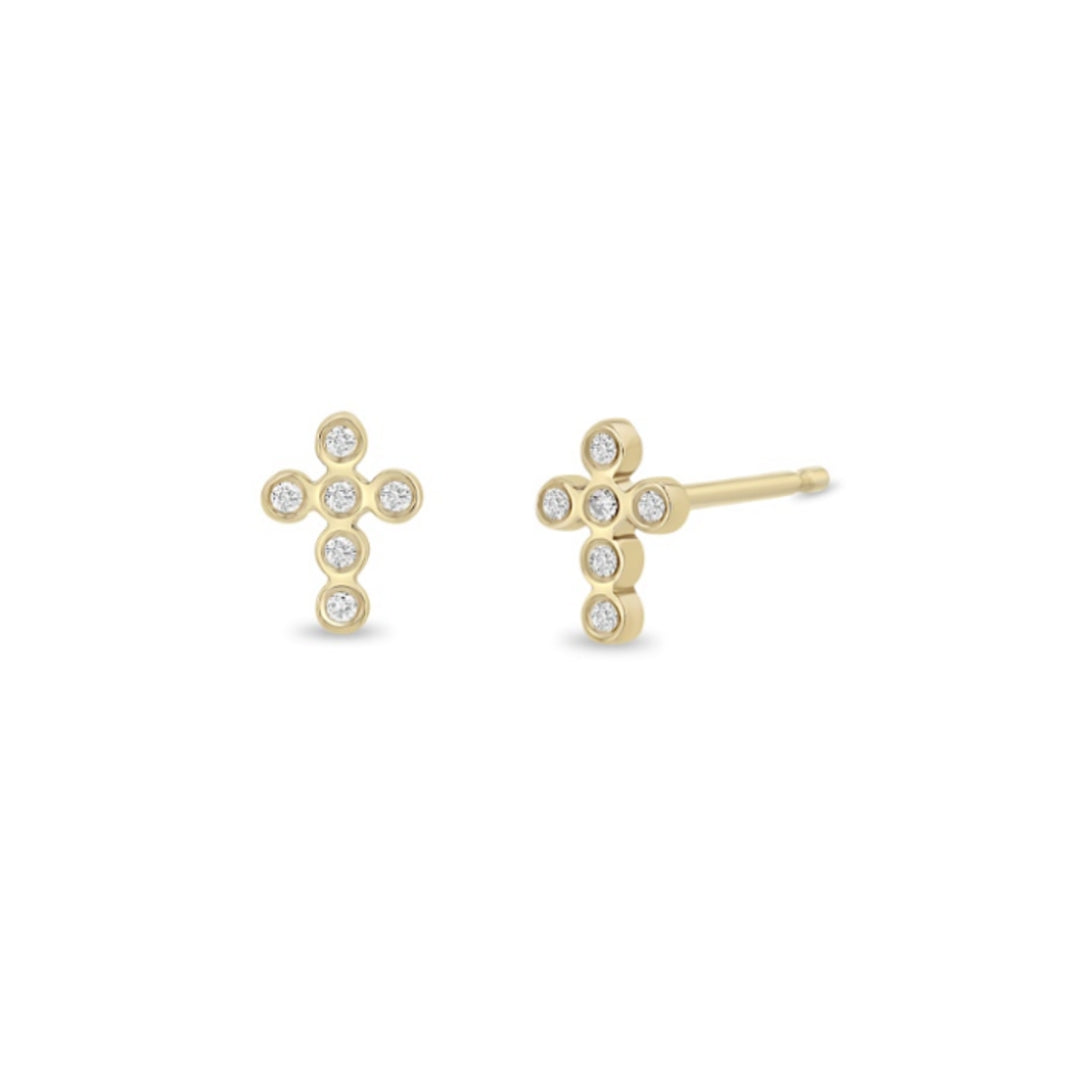 14K BEZEL SET CROSS STUD EARRINGS