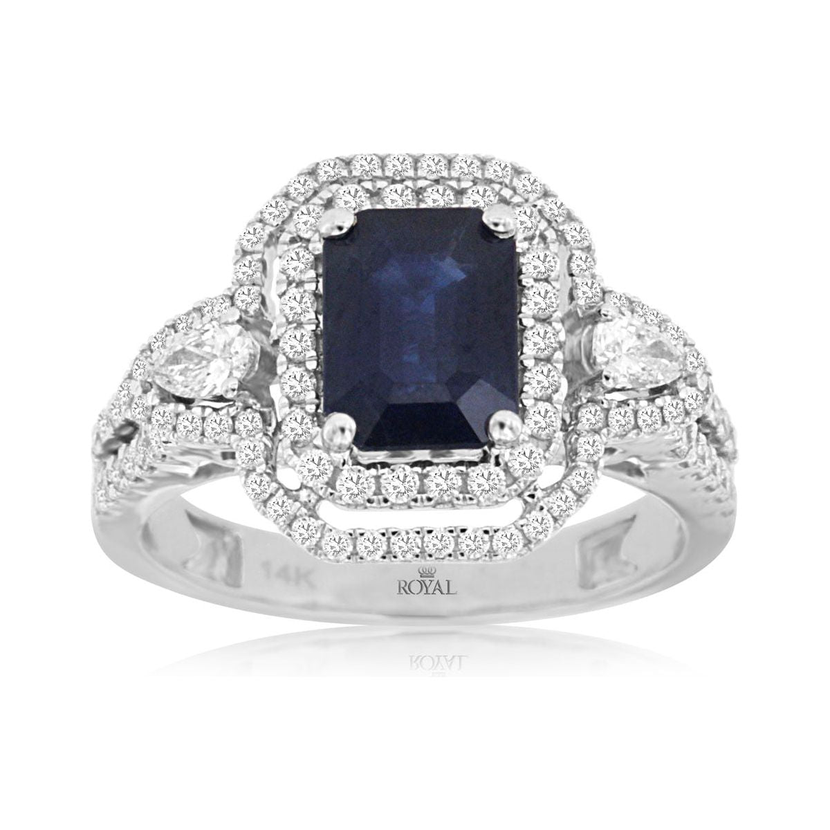 14k White Gold Emerald Cut Sapphire and Diamond Ring