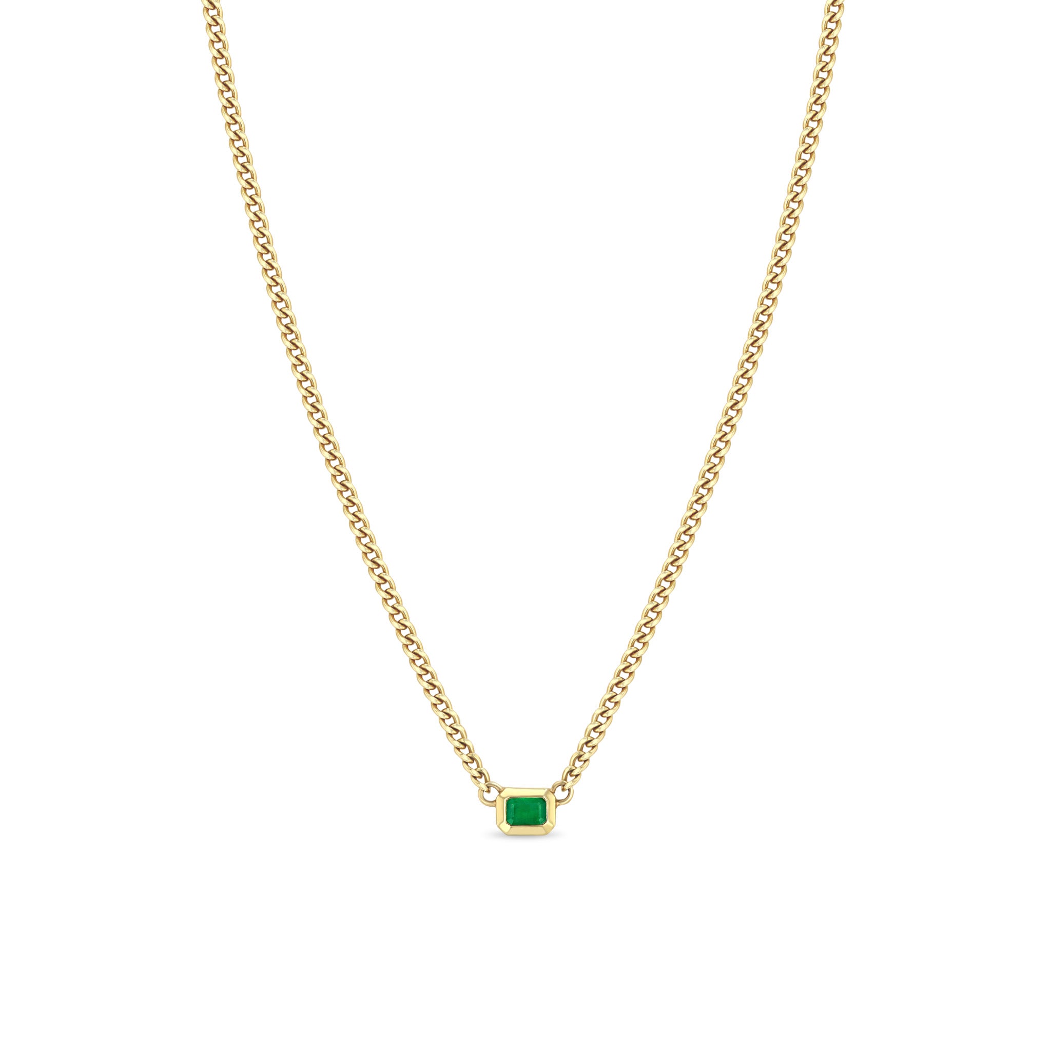 14K EMERALD CUT EMERALD BEZEL XS CURB CHAIN NECKLACE
