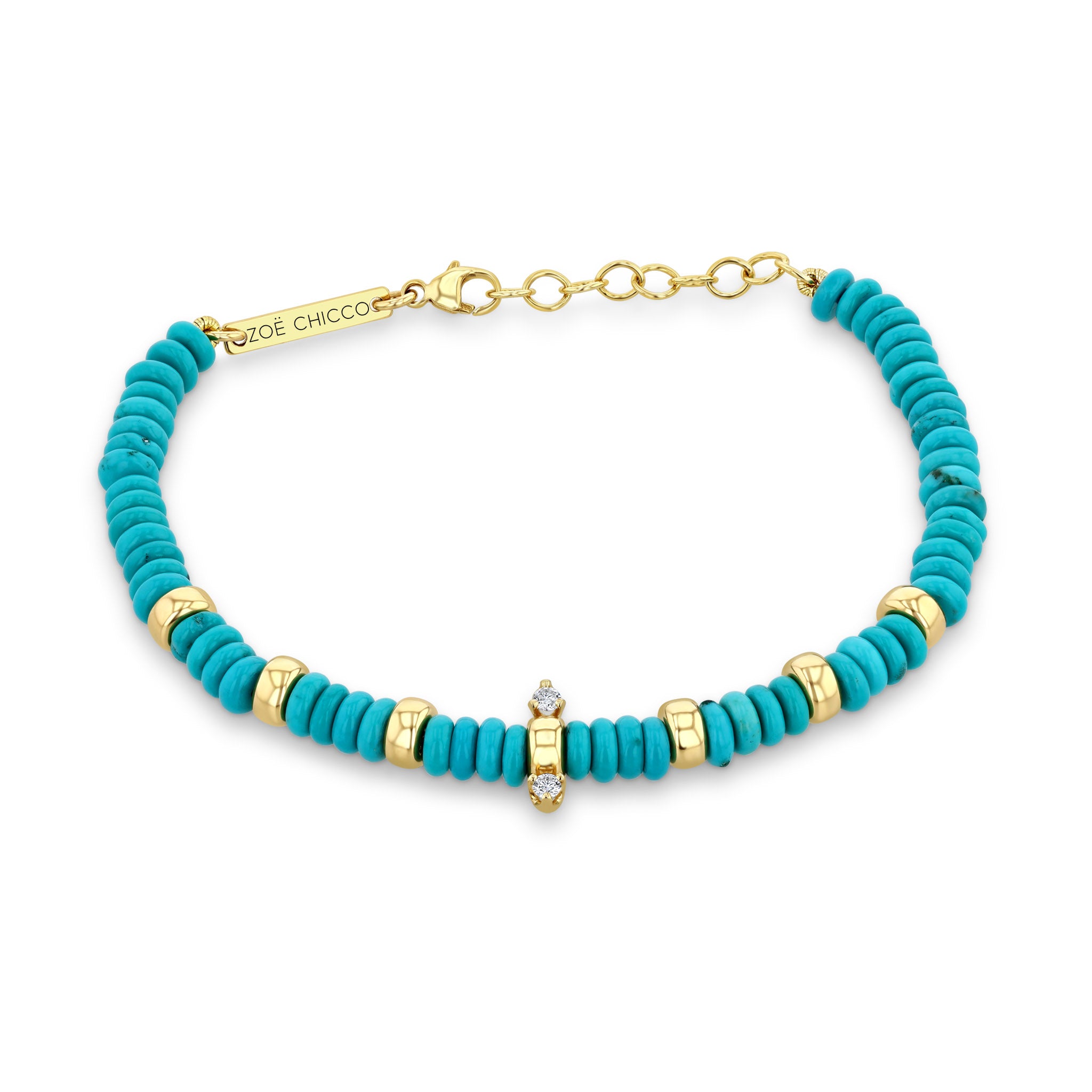 14K GOLD & TURQUOISE RONDELLE BEAD BRACELET WITH 2 PRONG DIAMONDS
