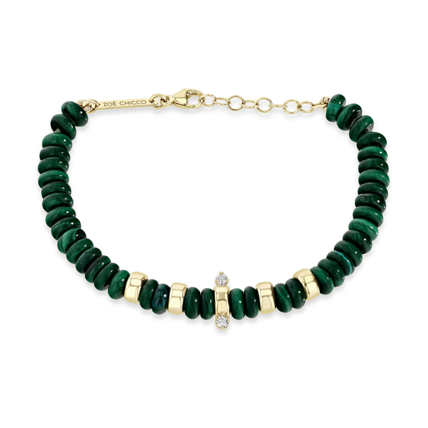 14K GOLD & MALACHITE RONDELLE BEAD BRACELET WITH 2 PRONG DIAMONDS
