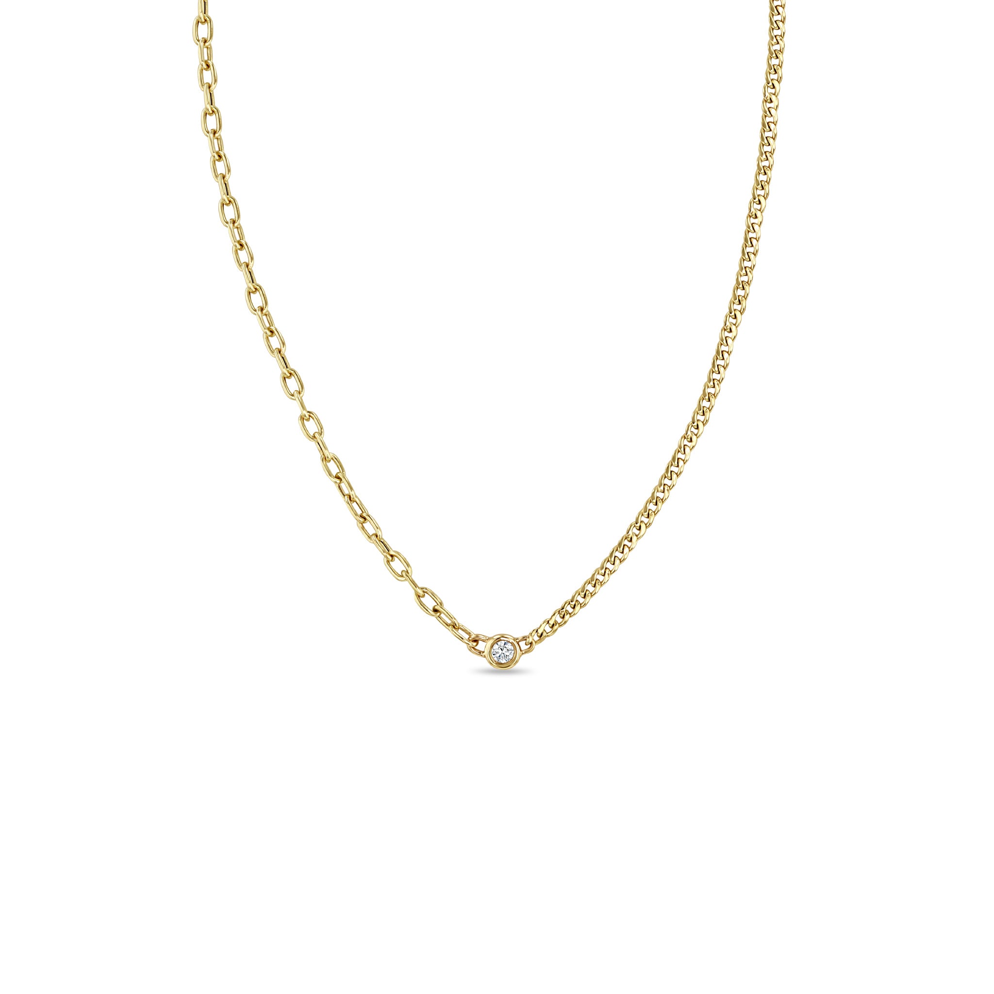 14K FLOATING DIAMOND MIXED XS CURB CHAIN & SMALL SQUARE OVAL CHAIN NECKLACE