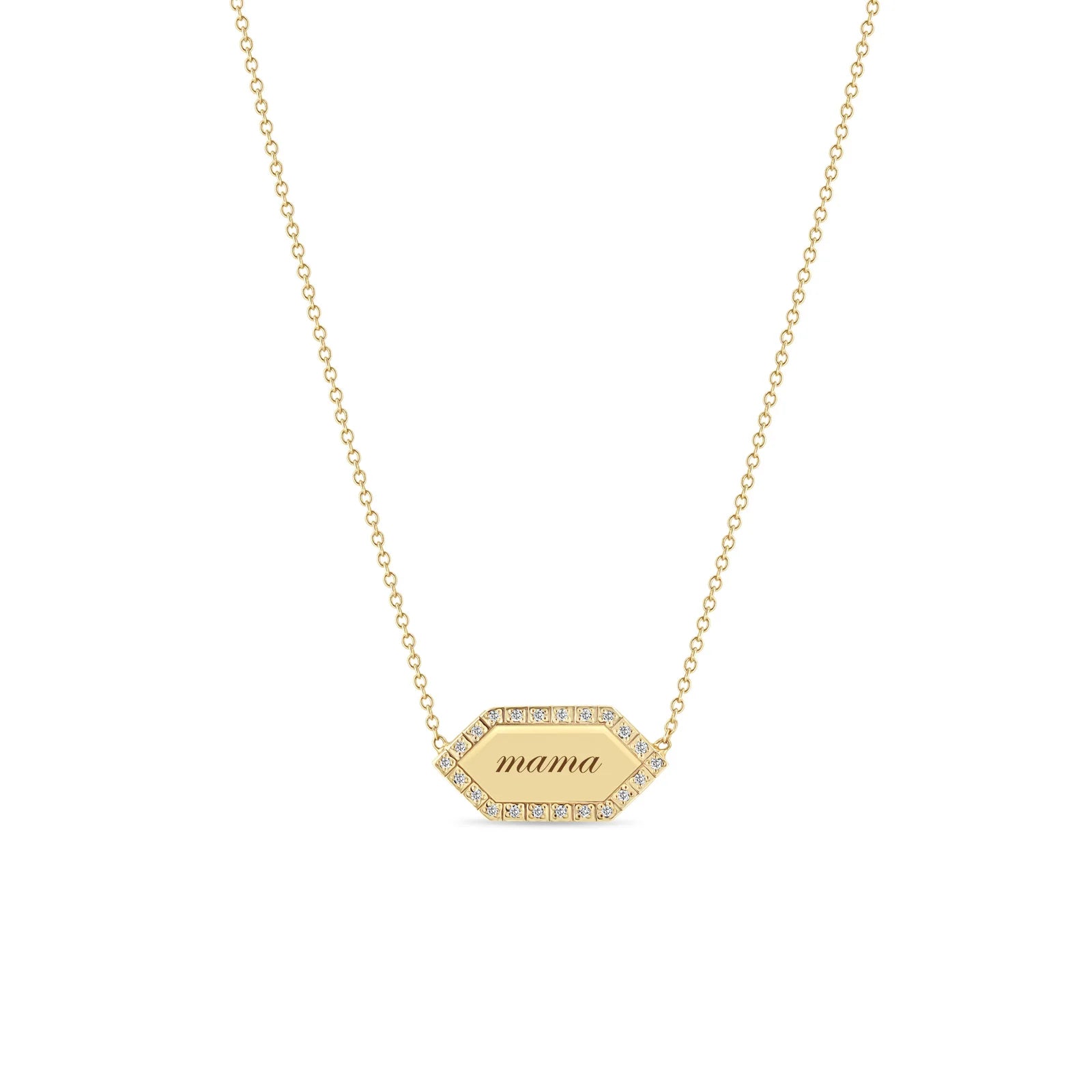 14k "mama" Elongated Hexagon Pavé Diamond Border Tag Necklace
