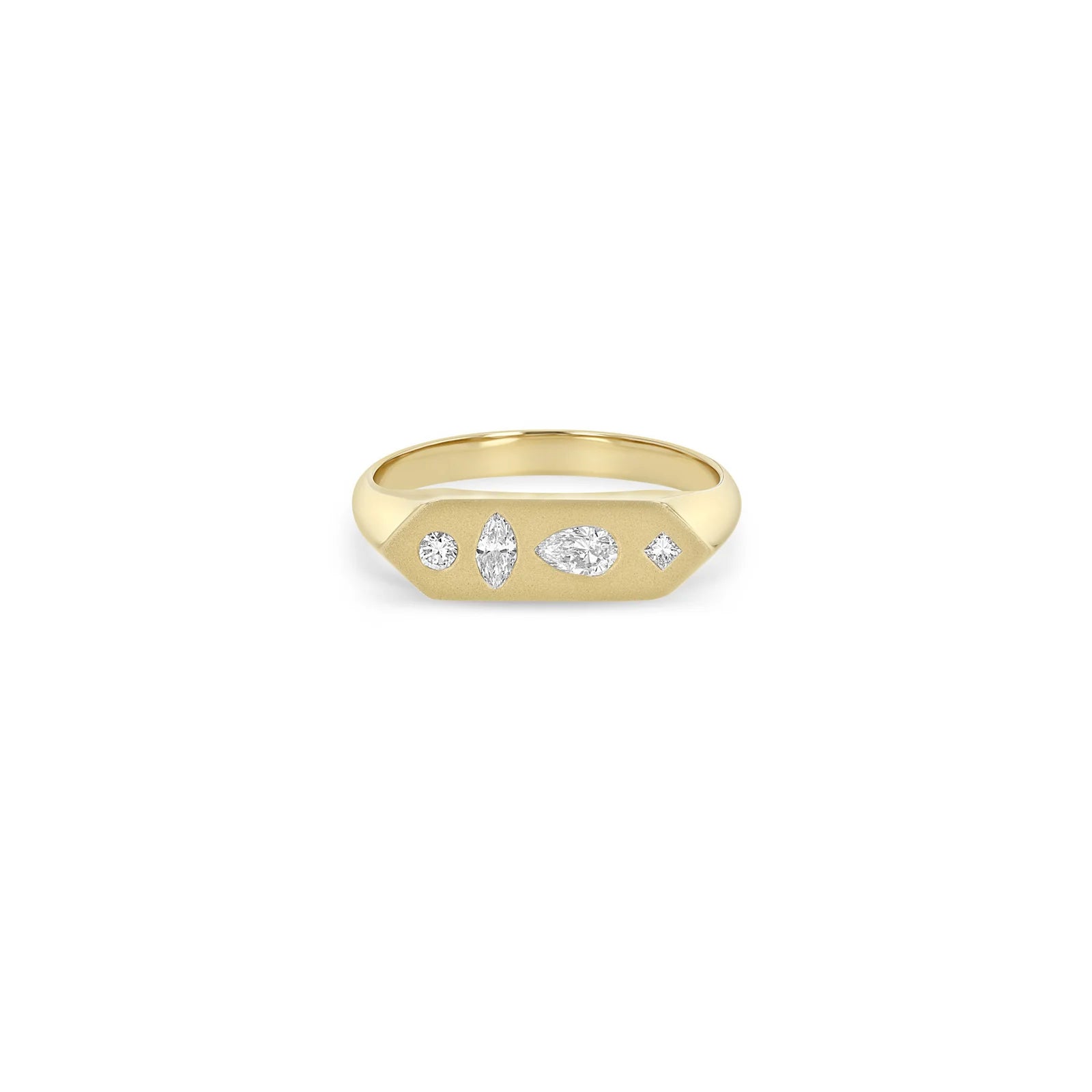 14k Diamond Mosaic Brushed Gold Elongated Hexagon Signet Ring