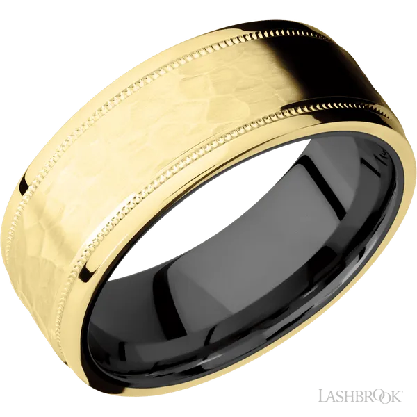 14K Yellow Gold with Hammer , Polish Finish and Zirconium