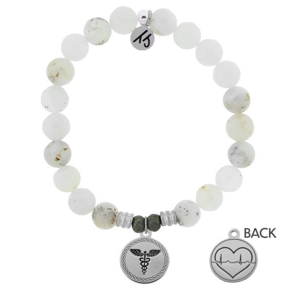 White Chalcedony Stone Bracelet with Caduceus Sterling Silver Charm