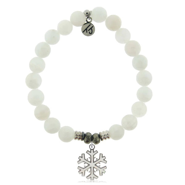 White Moonstone Gemstone Bracelet with Snowflake Opal Sterling Silver Charm