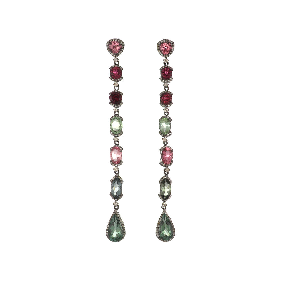 14K Gold and Sterling Silver Tourmaline Chandelier Earrings with Diamond