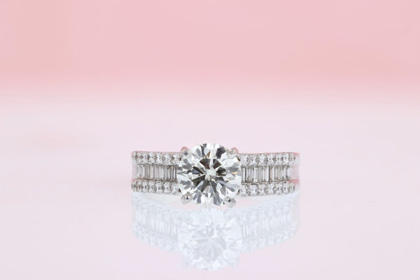 Round And Baguette Diamond Engagement Ring 14K White Gold