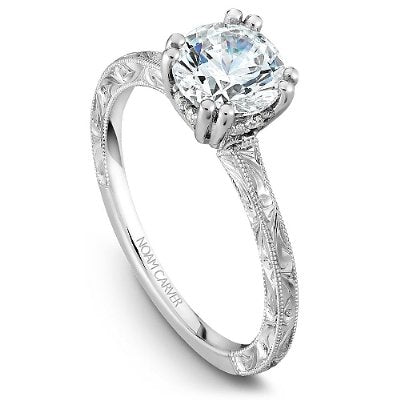 Hand Engraved Engagement Ring 14K White Gold 866A