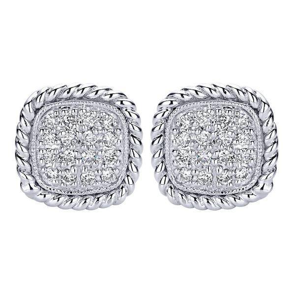 14K White Gold .18cttw Diamond Cluster Cushion Shaped Stud Earrings with Rope Detai