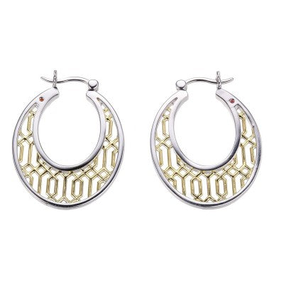Sterling Silver Two-Tone Lattice Hoops