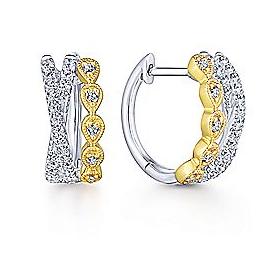 2-Tone Multi Diamond Huggie Hoop Earrings 14K Gold