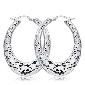 Sterling Silver Medium Hammered Flat Oval Hoops
