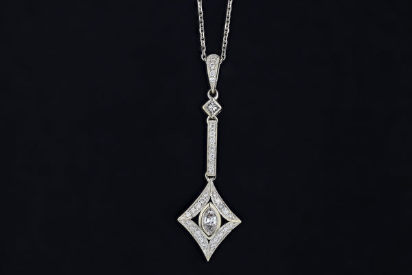 Estate Marquis Vintage Drop Necklace 14K White Gold