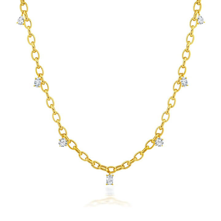 Graziela 14K Yellow Gold White Sapphire 7 Station Link Necklace - RBN-1353600WY