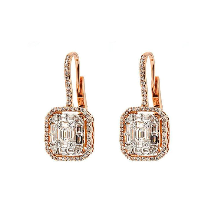 Zydo 18K Gold Octagonal Dangle Earrings with Round & Emerald Cut Diamonds Illusion Set