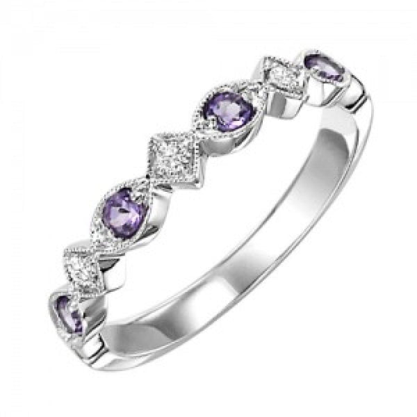 Amethyst Birthstone Diamond Ring 10K White Gold