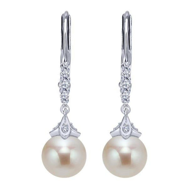 Diamond And Pearl Vintage Style Drop Earrings 14K White Gold