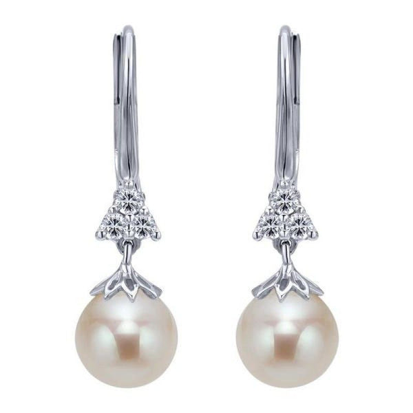 Pearl And Diamond Vintage Style Earrings 14K White Gold