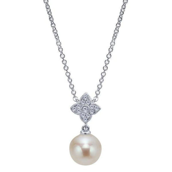 Pearl And Diamond Vintage Floral Necklace 14K White Gold