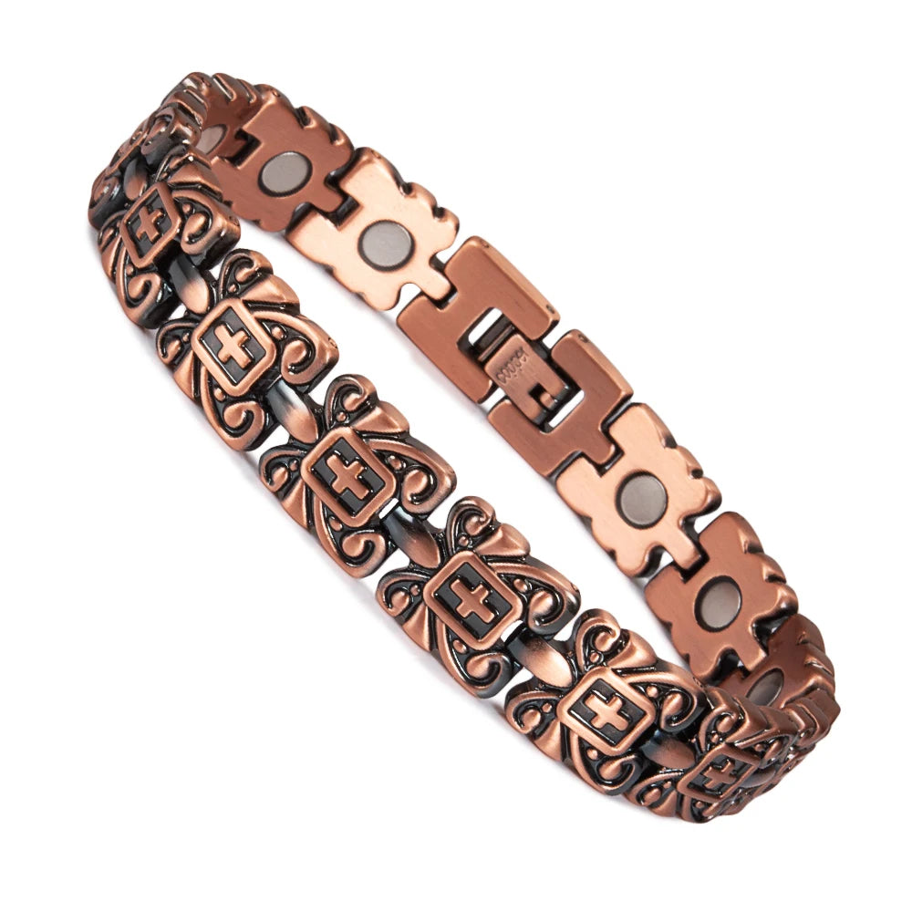 Two Tone Copper Bracelet Engraved Cross Arthritis Relief Adjustable