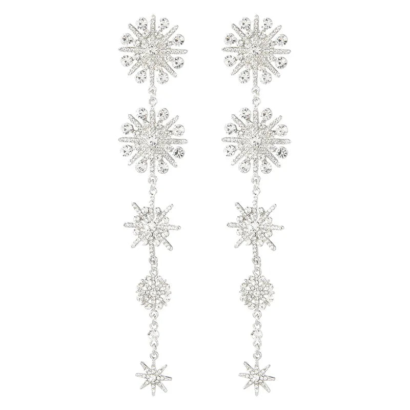 Women's Cubic Zirconia Gorgeous Snowflake Chandelier Long Dangle Earrings Clear Silver-Tone