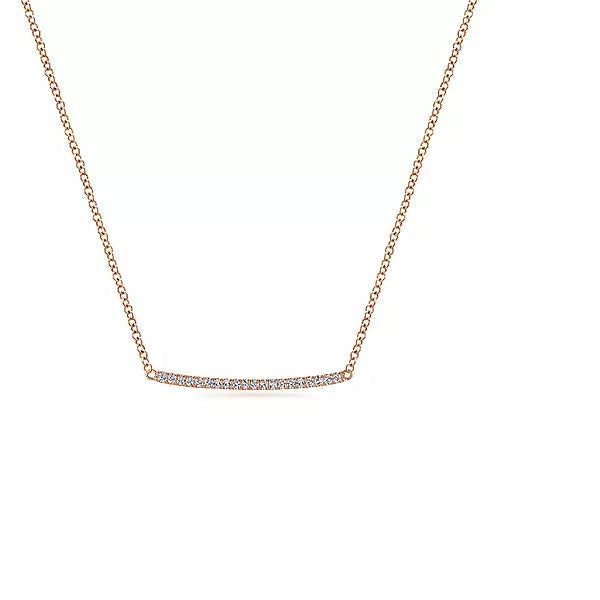14K Rose Gold Curved .10cttw Diamond Bar Necklace with Pave Set Diamonds