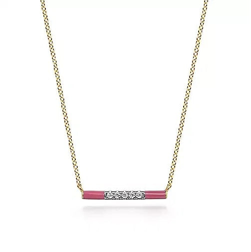 14K Yellow Gold .06cttw Diamond Bar Necklace with Pink Enamel