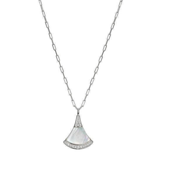 Sterling Silver Fan Shape Mother Of Pearl with CZ Accent Necklace